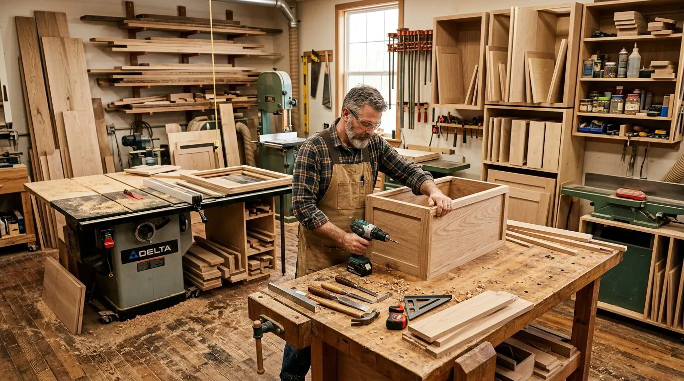 Craftsman assembling a cabinet box in the Ace Kustoms Houston shop