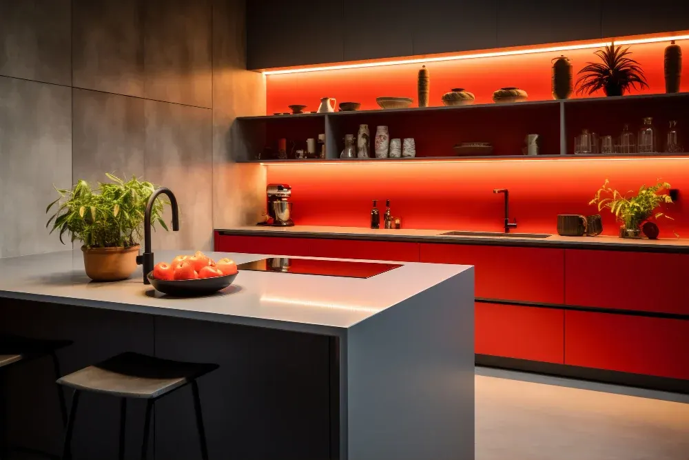 Kitchen with red backlit open shelving and LED strip lighting