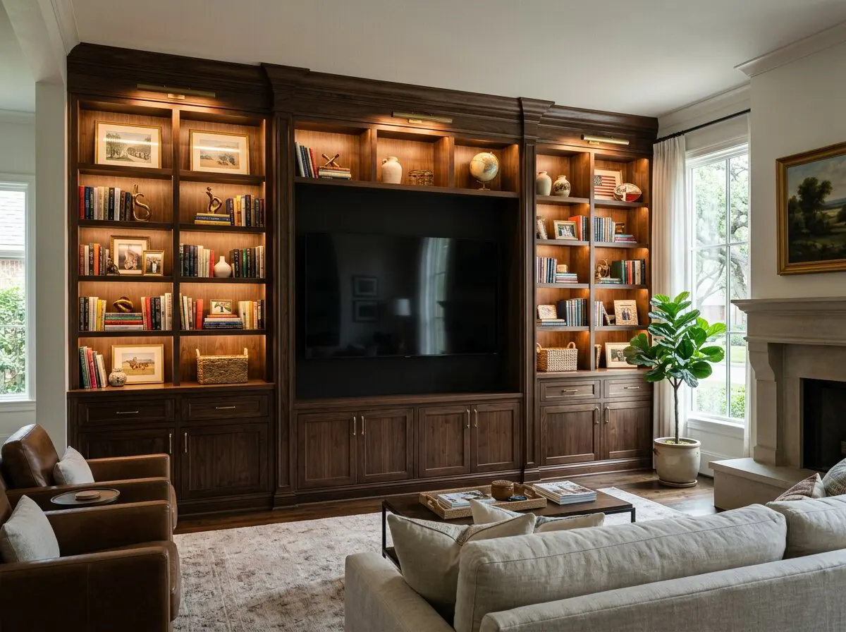 Custom built-in entertainment center with lit shelving