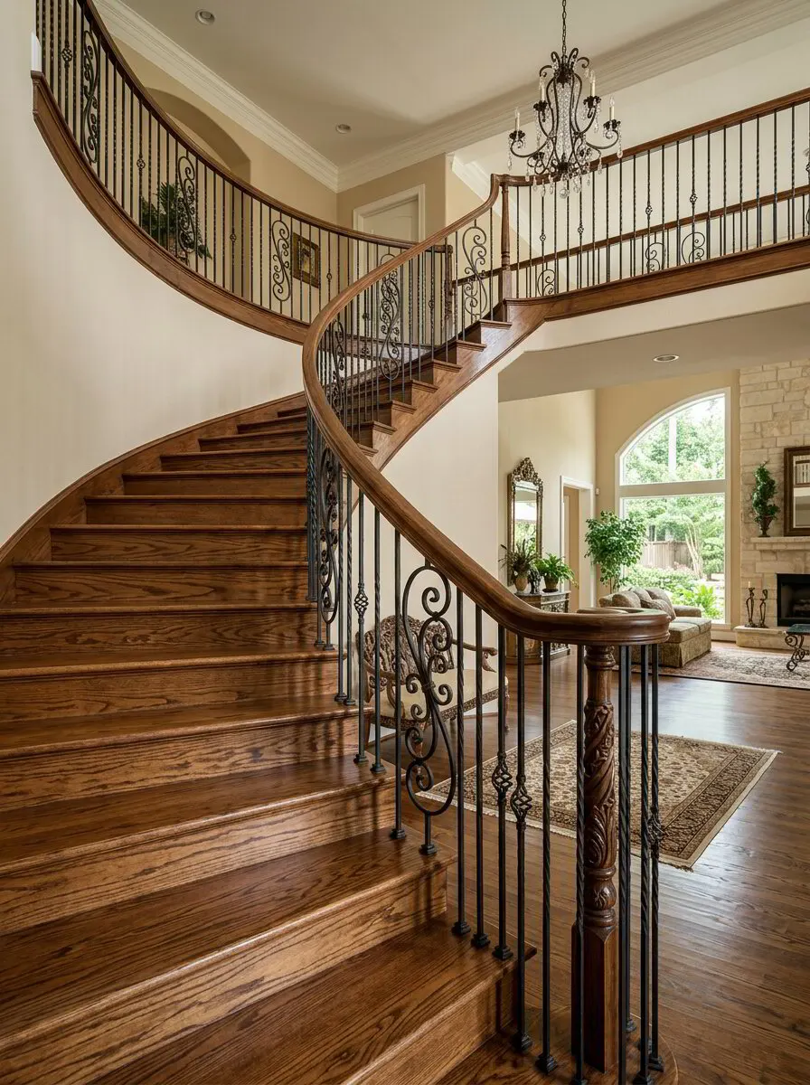 Curved staircase with a wood handrail and iron balusters