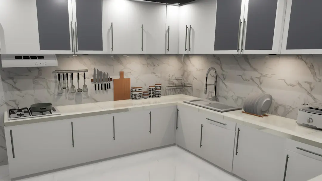 Gray kitchen with a marble backsplash and utensil rail