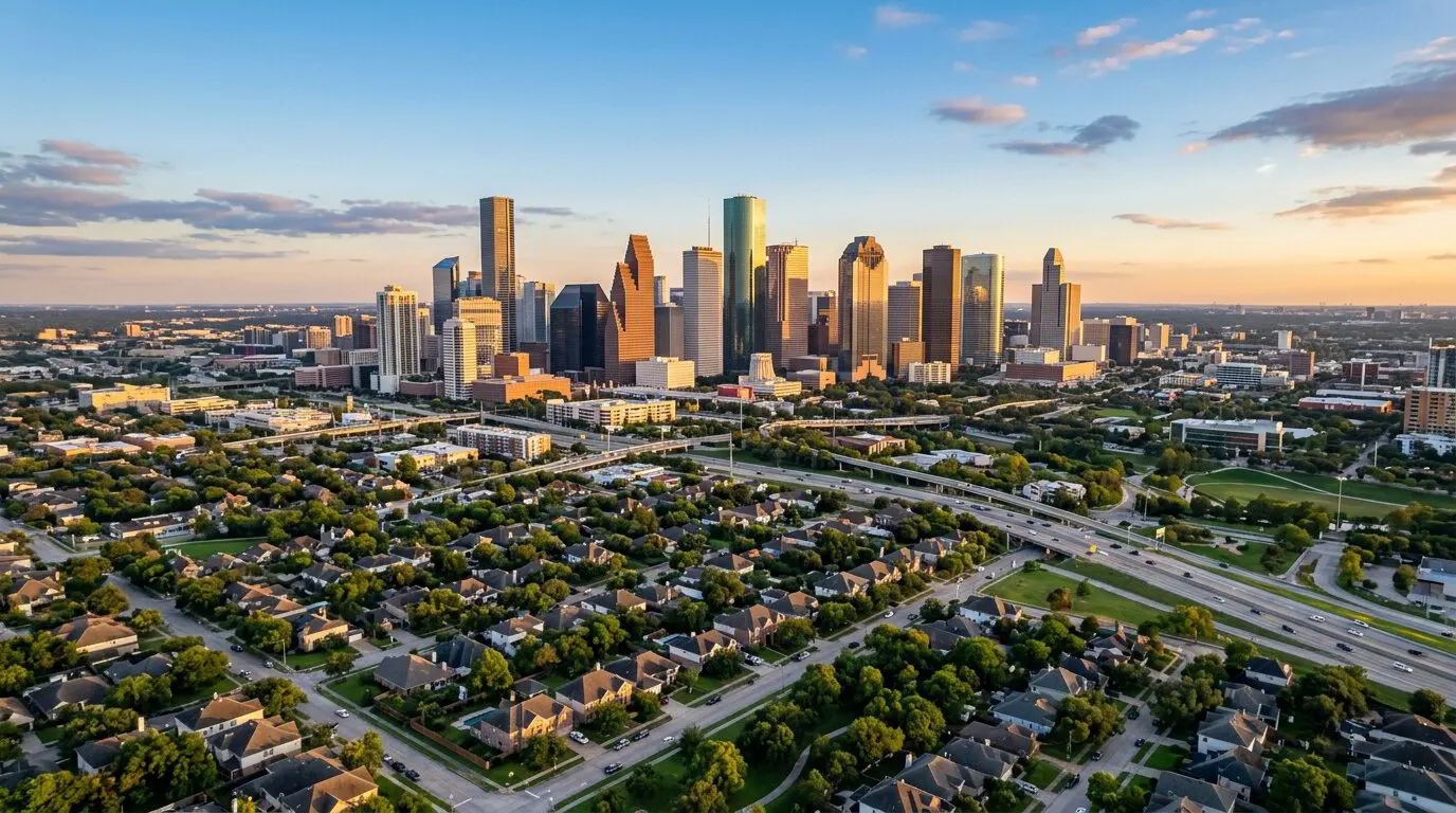 Houston skyline over the neighborhoods Ace Kustoms serves