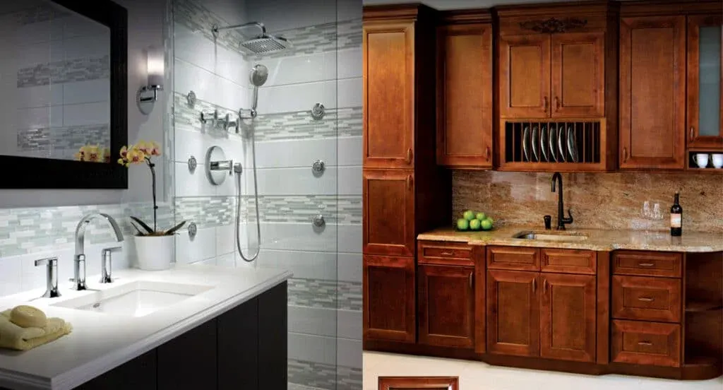 Shower remodel with tile surround next to a wood-cabinet kitchen