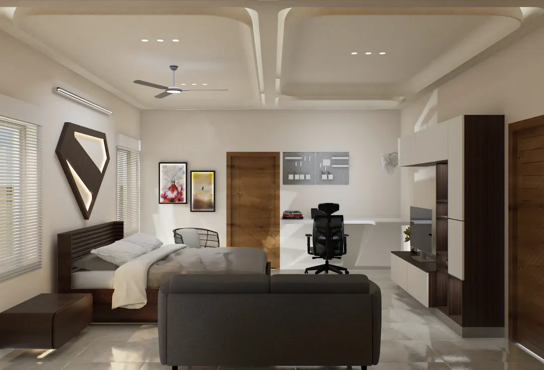 Living room with a beamed ceiling, sectional sofa and media wall