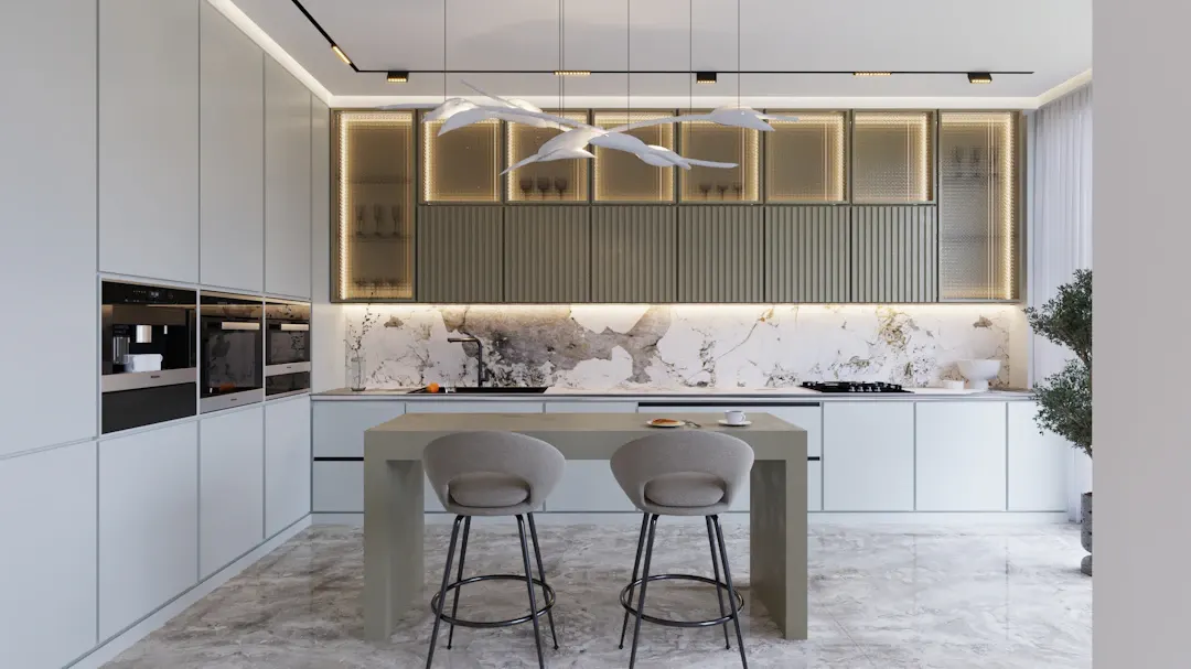 Modern kitchen with a gray island, bar stools and backlit slatted wall cabinets