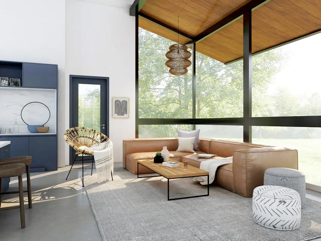 Living room with tall windows, a wood ceiling and built-in shelving