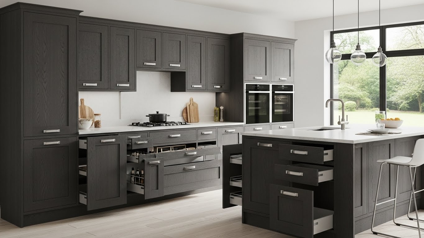 Modern custom kitchen cabinetry in dark wood with multiple open drawers, sleek hardware, and a spacious island, designed for high-traffic areas, emphasizing organization and functionality.