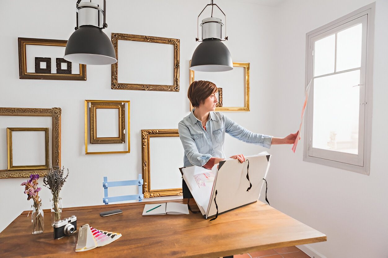 Custom built-in shelves and desk in a cozy personalized home office setup.