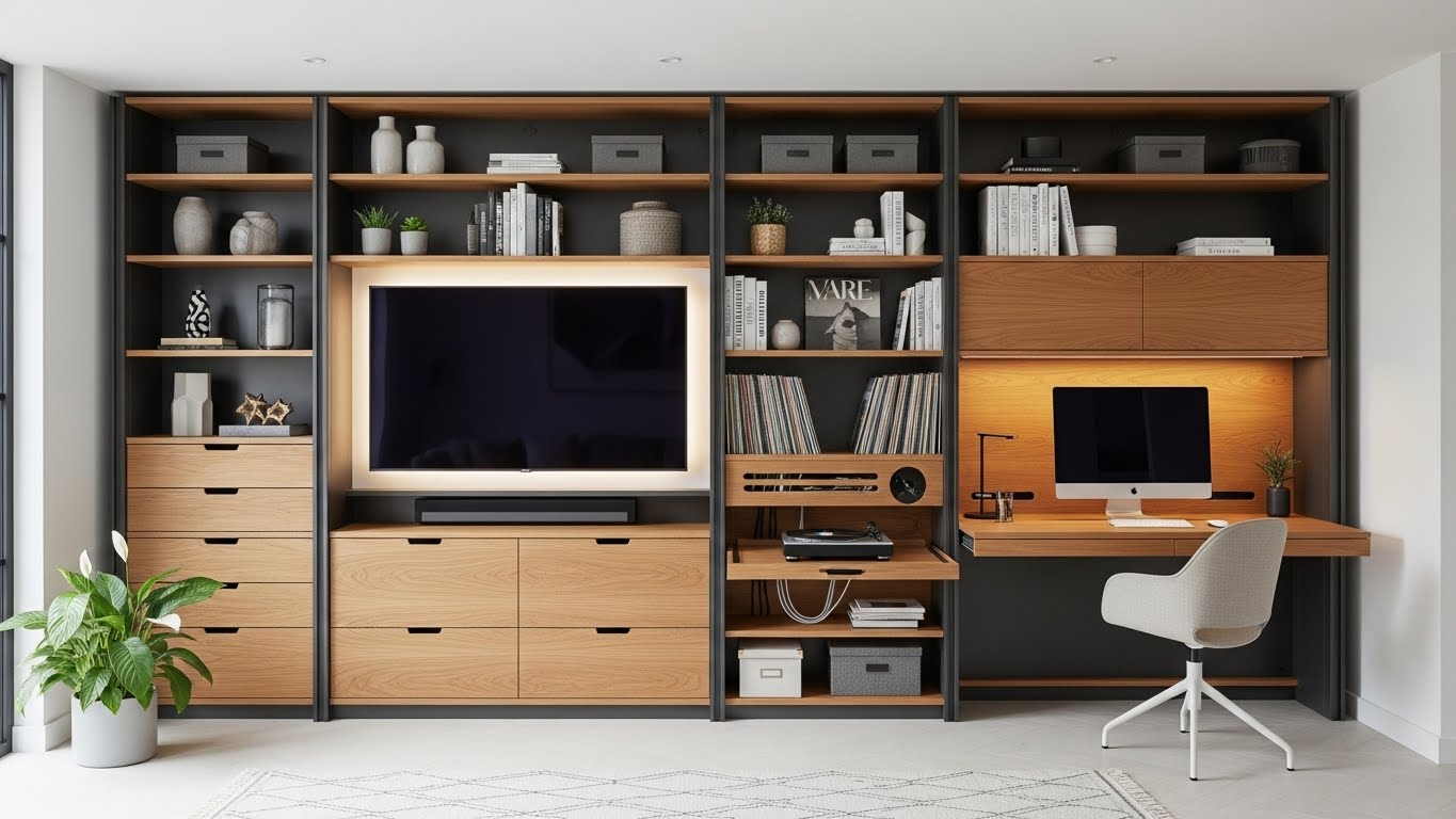 Custom cabinetry with integrated storage solutions, featuring a sleek design, a television mount, and a workspace with a desk and monitor, showcasing a blend of functionality and aesthetic appeal for modern homes.