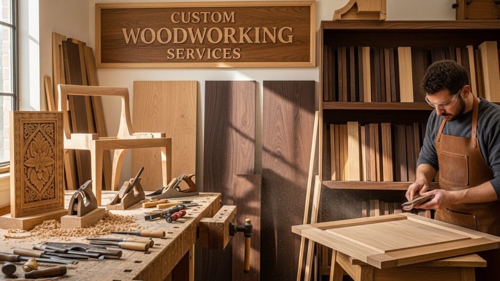 Custom woodworking workshop with artisan crafting cabinetry, tools scattered on workbench, wood samples displayed, "Custom Woodworking Services" sign in background.