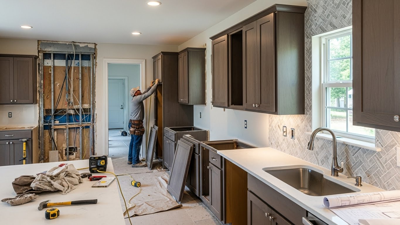 Kitchen remodel in progress with a worker installing dark cabinetry, modern fixtures, and a stylish backsplash, showcasing Ace Kustoms' custom cabinetry expertise.