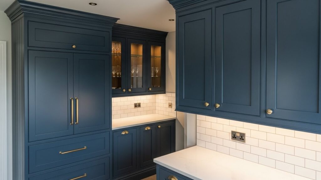 Custom blue cabinetry with glass display, gold hardware, and white subway tile backsplash, showcasing high-quality craftsmanship for kitchen renovation.