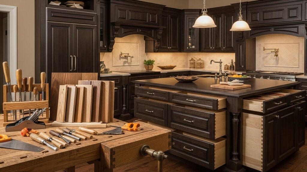 Custom kitchen cabinetry with dark oak finish, woodworking tools on a workbench, and a modern kitchen island, showcasing precision craftsmanship and artisan fabrication.