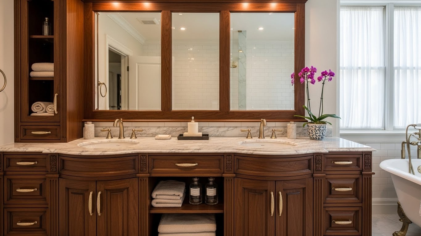 Custom dual-sink floating vanity in deep Walnut finish with integrated quartz top, U-shaped drawers, motion-activated under-cabinet lighting, and decorative orchid in stylish bathroom setting.