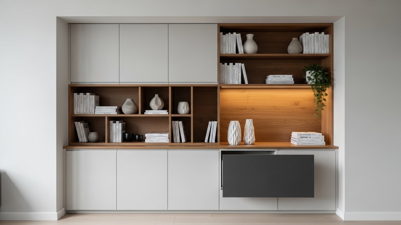Custom storage solution featuring a modern cabinetry design with open shelving, decorative vases, and books, highlighting functionality and aesthetic appeal for home organization.