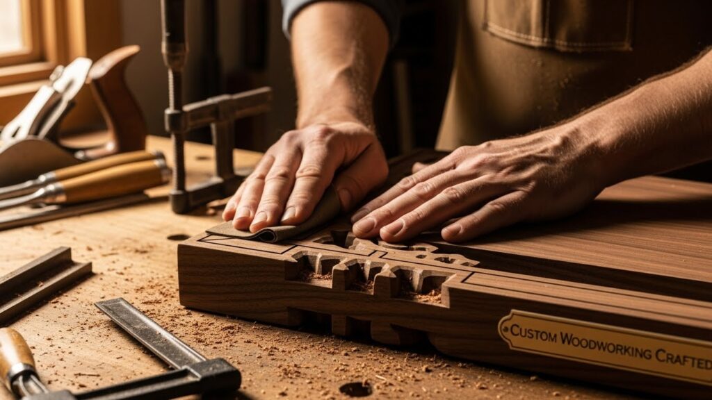 Hands carefully shaping a wooden board in a workshop, surrounded by woodworking tools, emphasizing custom woodworking craftsmanship and quality.