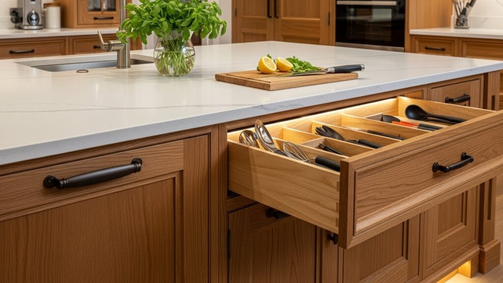 Custom kitchen island with open drawer showcasing organized utensils, modern cabinetry, white countertop, and fresh herbs on cutting board, enhancing functionality and aesthetics.