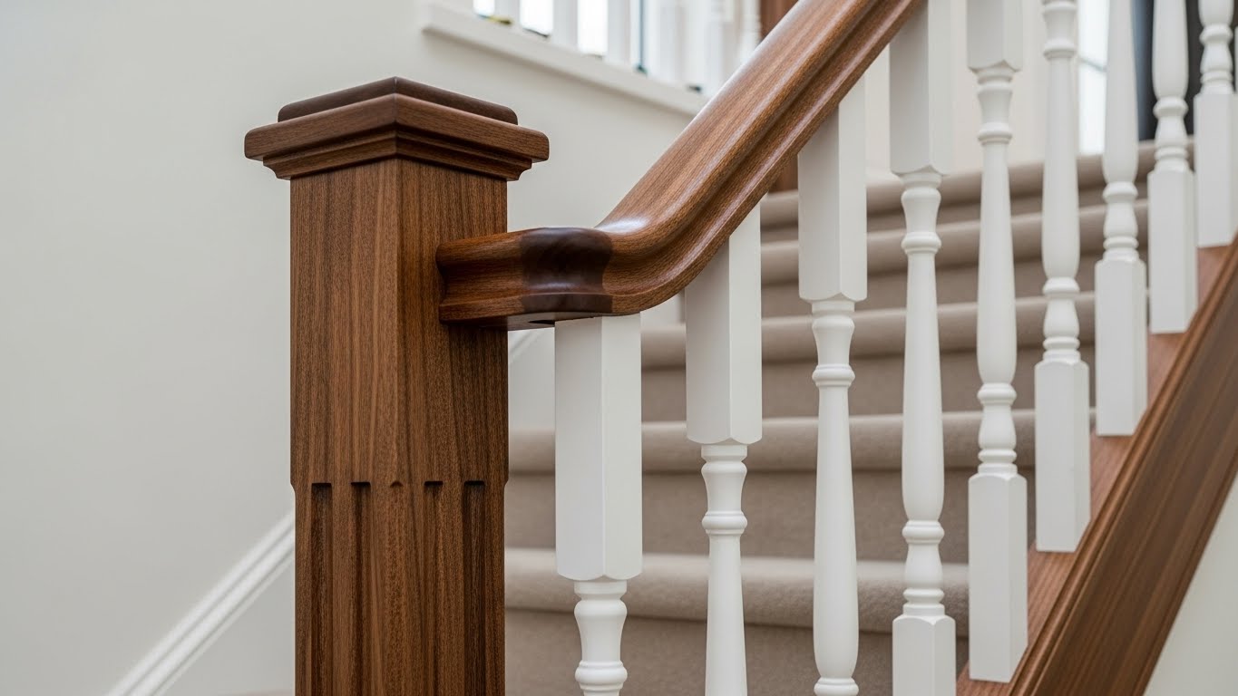 Elegant wooden handrail and baluster installation on a staircase, showcasing craftsmanship with a rich brown finish and white spindles, emphasizing architectural safety and aesthetic appeal for home improvement.