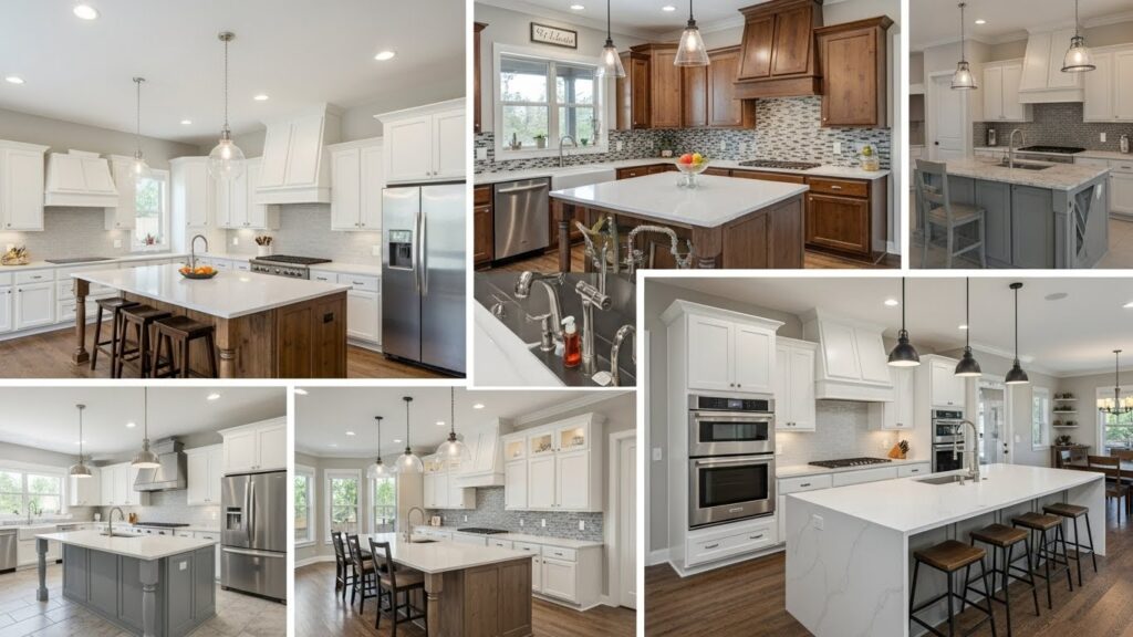 Modern kitchen designs with custom cabinetry, quartz countertops, LED lighting, and stylish accents, showcasing various layouts and finishes.