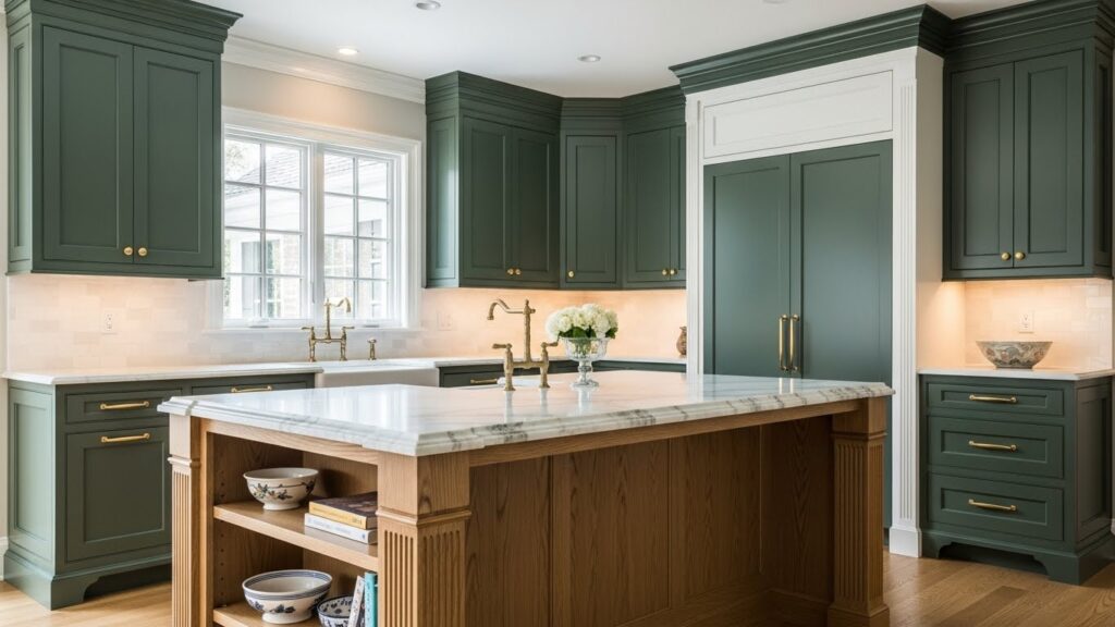 Custom kitchen featuring green cabinetry, marble countertop, and organized storage solutions, highlighting artisan craftsmanship and design harmony.