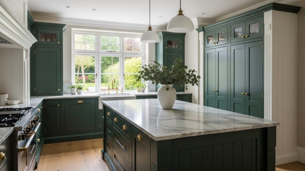 Custom kitchen featuring rich green cabinetry, marble countertop, and natural light from large windows, emphasizing luxury and craftsmanship in cabinetry design.