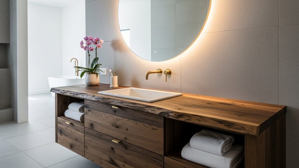 Custom bathroom vanity with wooden cabinetry, integrated sink, LED-lit round mirror, and decorative orchid, showcasing Ace Kustoms' design and craftsmanship.