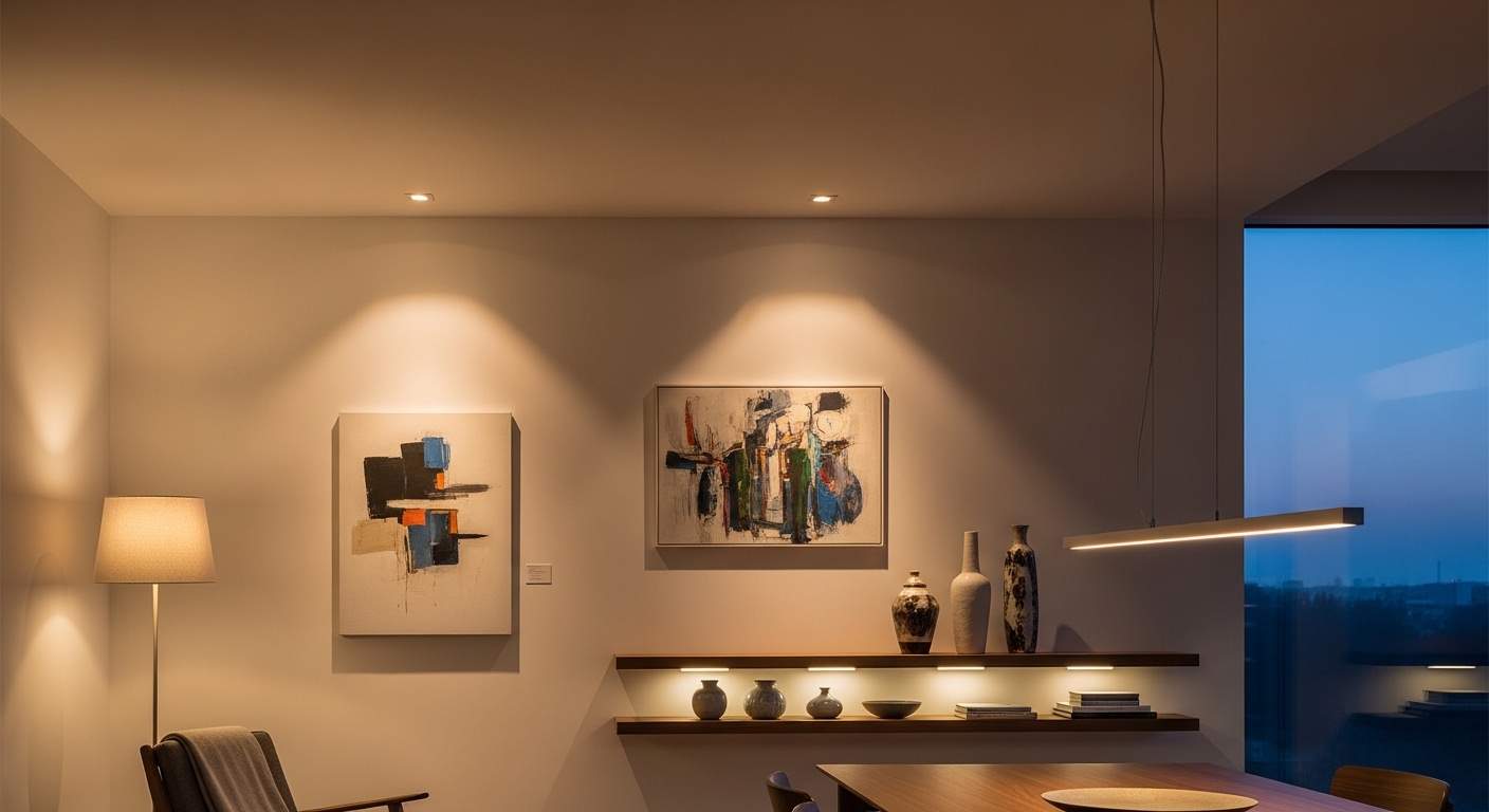 Modern kitchen with ambient lighting, featuring recessed ceiling lights, a pendant light over a dining table, wall art, decorative vases on shelves, and a cozy chair, illustrating enhanced home aesthetics and functionality.