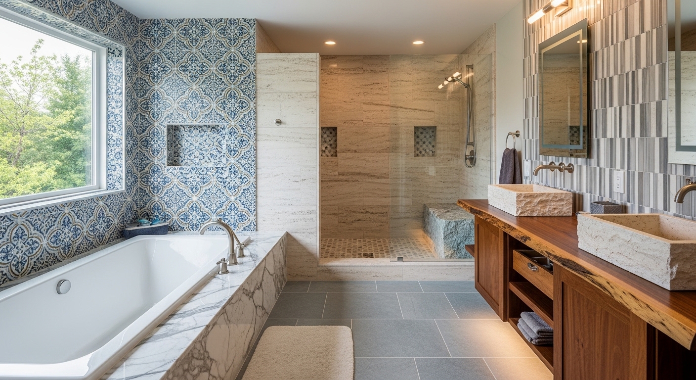 Modern bathroom featuring large-format porcelain tile, intricate blue patterned wall tile, freestanding bathtub with marble accents, dual stone sinks on wooden vanity, glass shower enclosure, and natural light from window.