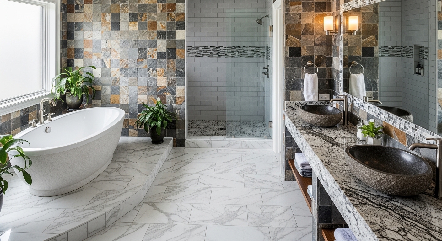 Elegant bathroom featuring custom interior tile and stone work, including a freestanding bathtub, dual vessel sinks, and a glass shower, complemented by natural plants and a mix of textured wall tiles.