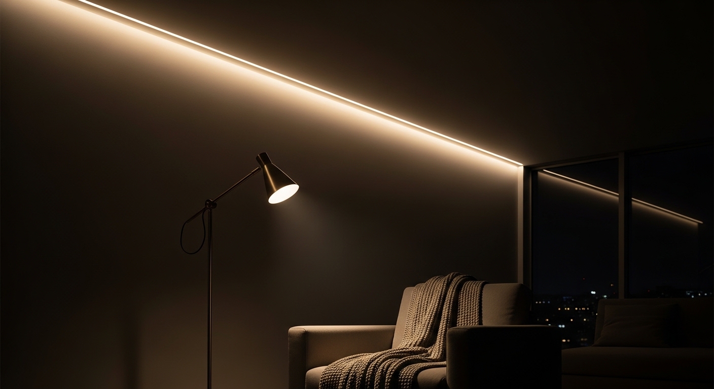 Modern living room with accent lighting, featuring a stylish floor lamp and a cozy sofa with a textured throw blanket, emphasizing warm illumination and inviting ambiance.